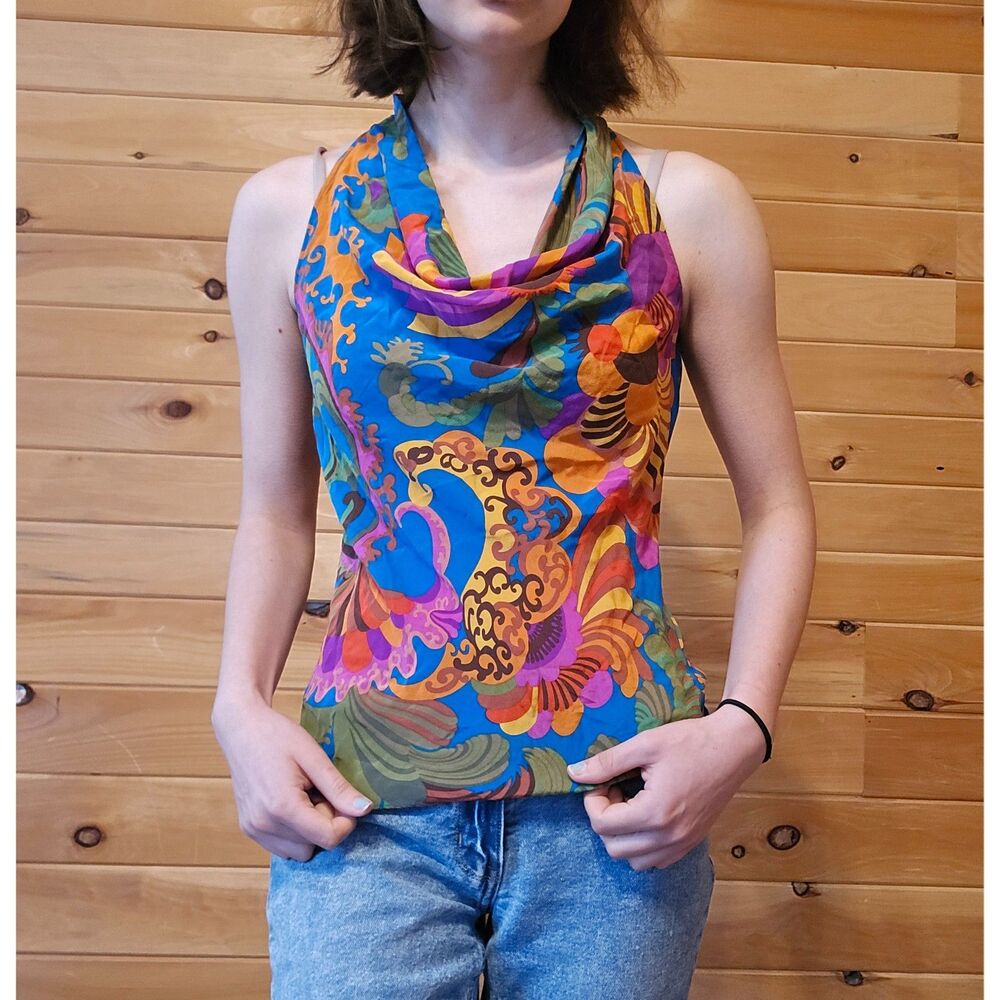 Banana Republic Trina Turk Y2K 2000s Pure Silk Rainbow Multicolor Cowl Blouse